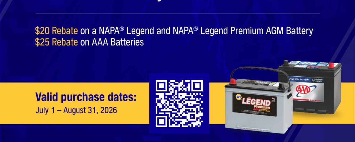 NAPA AutoCare battery rebate flyer, up to $25 prepaid card, July 1 to August 31 2026