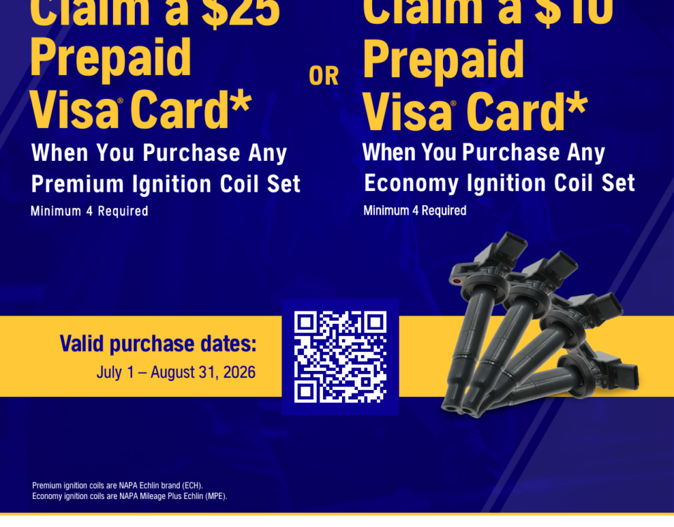 NAPA AutoCare ignition coil rebate flyer, up to $25 prepaid card, July 1 to August 31 2026